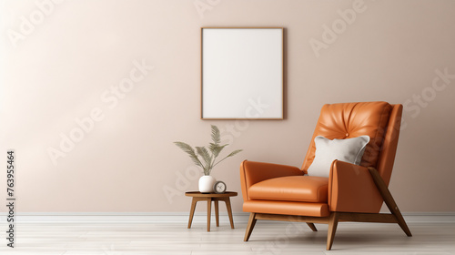 Retro orange armchair and table with decor in front of an empty wall. 3d rendering