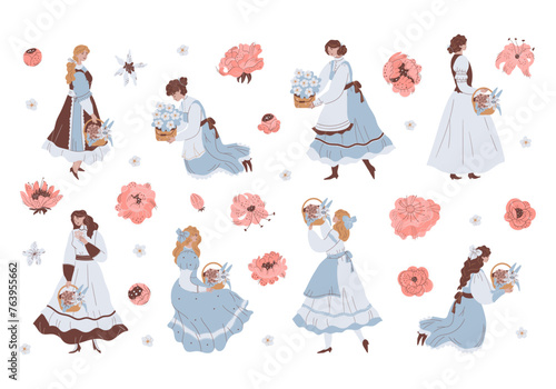 Women with bouquets and baskets of flowers vintage cottagecore