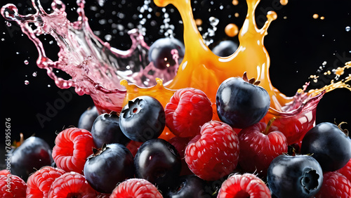 a mixture of berries in motion on a black background. splashes of juice. Juice ads, frozen traffic