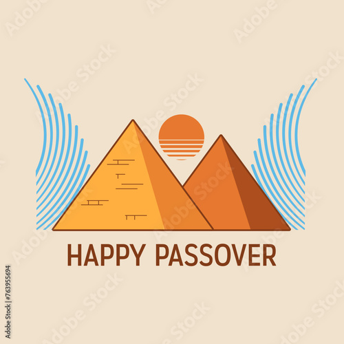 Vector Minimalistic Illustration of Passover Celebrations. Pyramids of Giza and Symbolic waves of Red Sea. The Escape from Egypt concept.