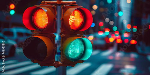 A traffic light with red, yellow and green lights in the city. Close-up of a traffic light on street.banner photo