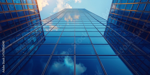 modern building glass on blue sky background, tall building, banner, 