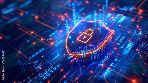 An artistic representation of cybersecurity solutions featuring a digital shield emblem, symbolizing protection, surrounded by a high-tech, cyber-themed abstract environment.