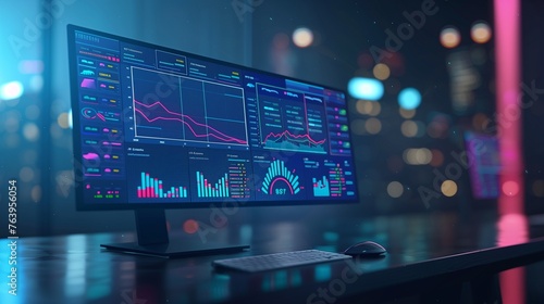 Computer monitor displaying an abstract network monitoring dashboard with real-time data analytics, graphs, and system health indicators.