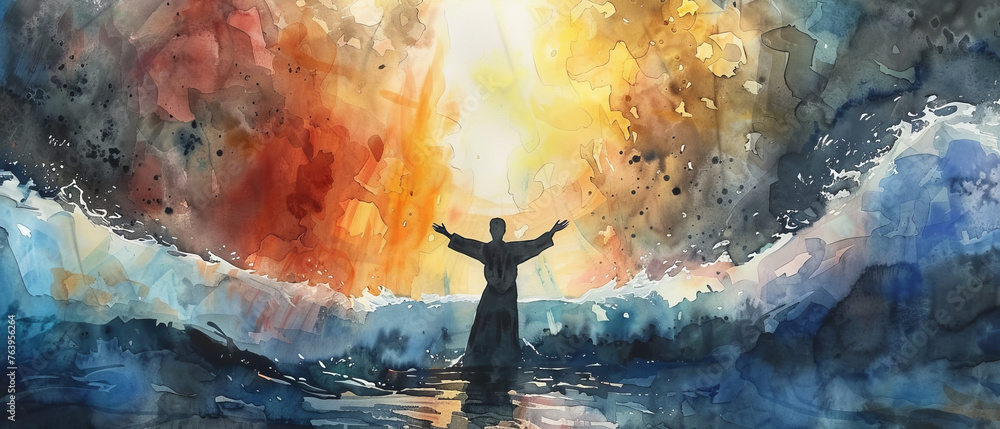 A vibrant watercolor captures the essence of a man embracing the fluidity of life with outstretched arms in a serene aquatic setting