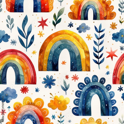  seamless pattern with cute rainbows and clouds clipart collection on white background with margins