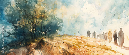 A vibrant watercolor captures the beauty of a couple strolling through a picturesque landscape, brought to life through the artist's skillful use of acrylic paint and modern art techniques