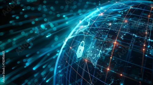 Global network security concept  featuring an Earth with glowing interconnected lines representing internet connections  overlaid with padlock icon. Robust cybersecurity measures and data protection.