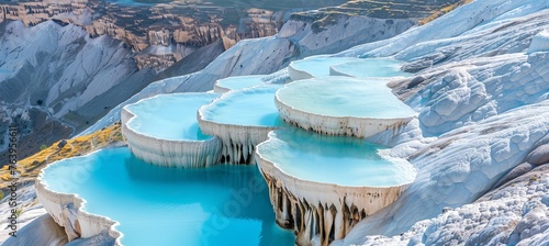 Soothing turquoise thermal springs on white terraces at pamukkale, turkey s hillside photo