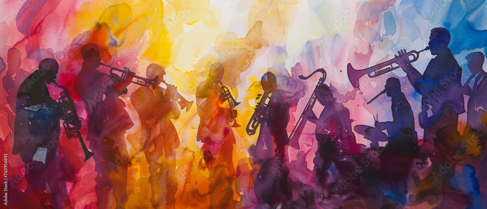 Silhouettes of a music band against a vibrant, abstract, colorful backdrop playing jazz - obrazy, fototapety, plakaty 