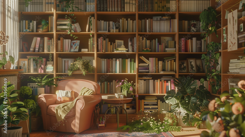 Abundant books and plants in a cozy reading nook