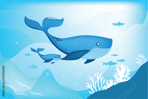 Fototapeta Naklejka Na Ścianę i Meble -  Cute whale family in a deep blue sea