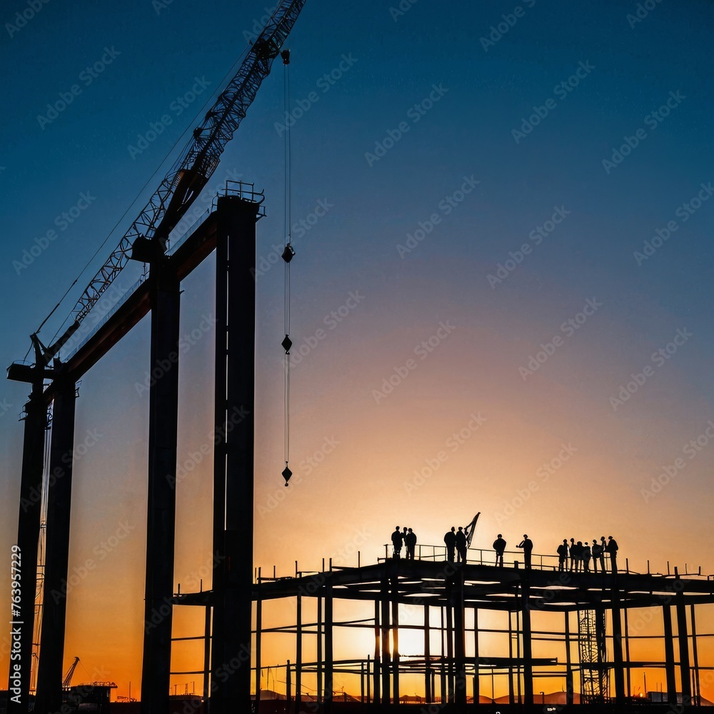 Silhouettes of construction workers and cranes against a vibrant sunset sky. The image captures the bustling activity of a building site as the day ends.
