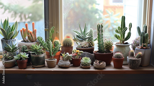 Overflowing windowsill with potted succulents