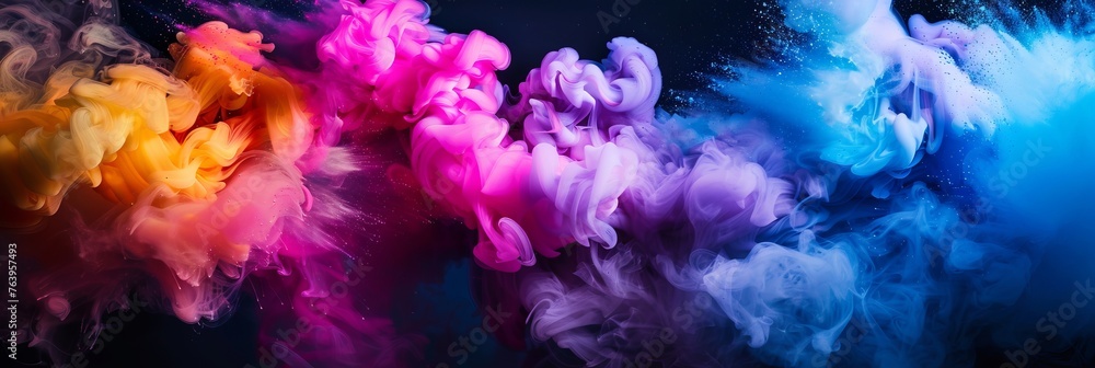 Fototapeta premium A picture of colorful ink in a water. isolated on dark black background. multicolored paint explosion overlay. abstract smoke in different colors underwater, mixing rainbow, AI Generated.