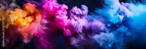A picture of colorful ink in a water. isolated on dark black background. multicolored paint explosion overlay. abstract smoke in different colors underwater, mixing rainbow, AI Generated. © MeSSrro