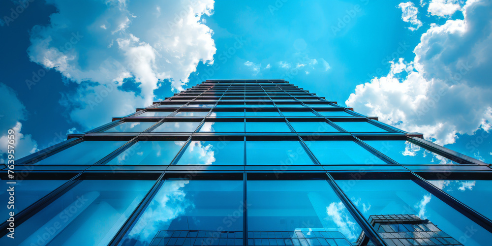 modern building  glass on blue sky background, tall building, banner,  - obrazy, fototapety, plakaty 