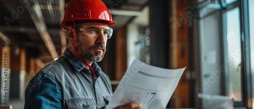 A focused commercial building inspector conducts an office review professional look accented by a red safety helmet
