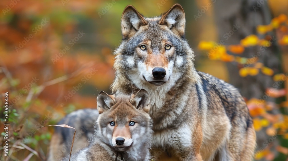Male wolf and cub portrait with space for text, object on side, ideal for search results