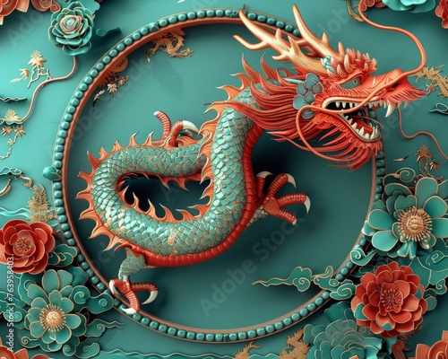 Color wheels and malachite patterns backdrop a Lunar New Year dragon circling a designated space for heartfelt messages