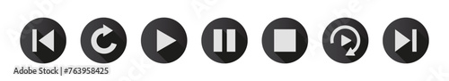 Button play, pause, repeat, previous, next. Playback icon set with shadow in flat style isolated on white background