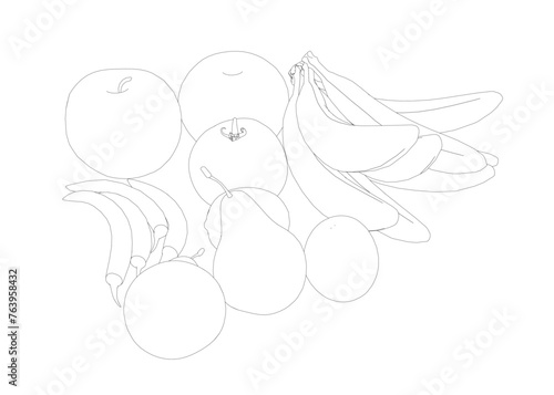 Fruit outline: bananas, apples, pears, peppers, tomato made of black lines isolated on a white background. Vector illustration.