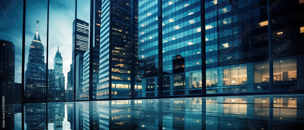 Fototapeta premium Midnight mirage: cityscape reflections. A shimmering pool reflects the glass facades of skyscrapers, creating an abstract and mesmerizing view of a city at night. Abstract background design