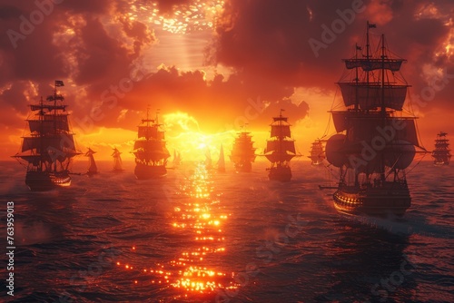 Pirate ships engage in a cinematic battle to conquer the seas cannons roaring and sails billowing against the sunset