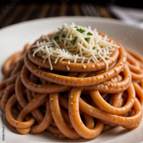 Pasta of the Future.Spaghetti bolognese and grated cheese