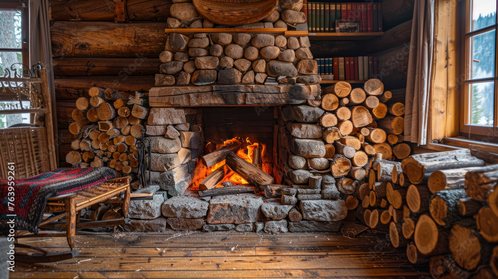 A cozy cabin interior with a fireplace and firewood.