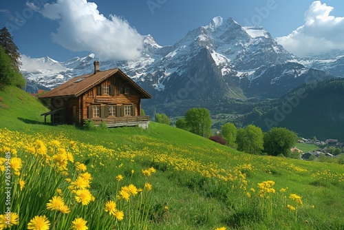 Fototapeta Naklejka Na Ścianę i Meble -  Swiss modern cottage village in the summer Swiss Alps, meadow in the mountains in sunny day 
