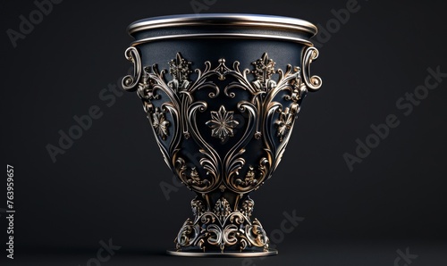 Black Opulence: A 3D tournament cup icon boasts lavish Arabic design elements in a minimalist style against a black backdrop photo