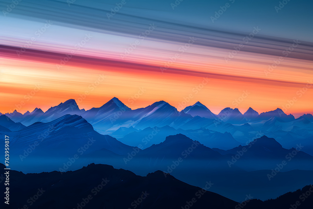 Fototapeta premium Magisches Alpenglühen: Langzeitbelichtung eines Sonnenuntergangs bzw. Sonnenaufgangs in den Alpen / Bergen