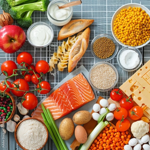 A top view of various fresh food ingredients spread out on a checkered tablecloth, perfect for nutrition and culinary themes.