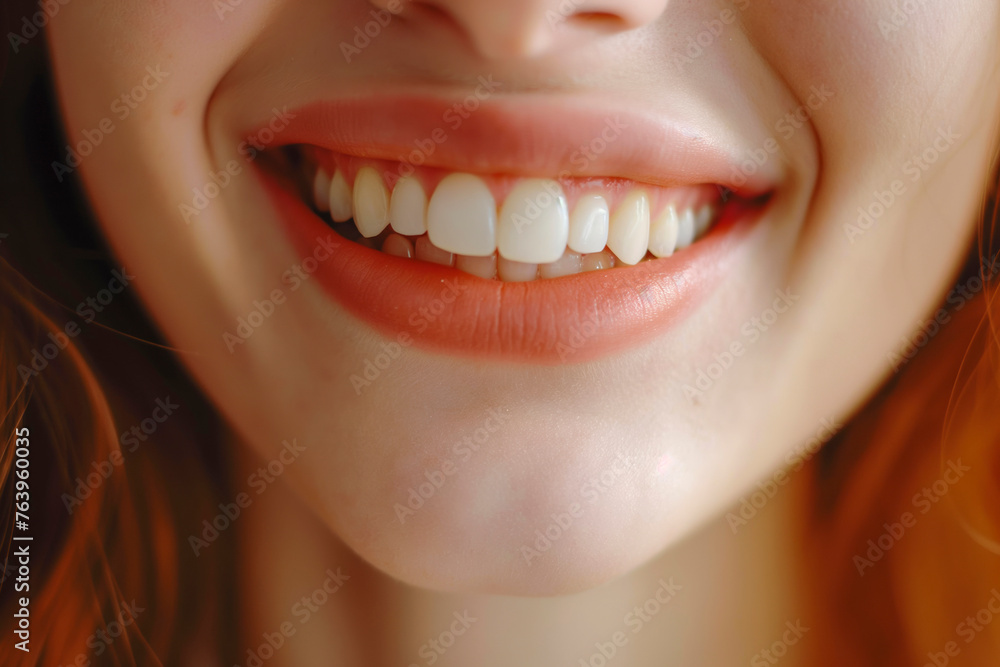Fototapeta premium Beautiful cute smile with very clean perfect teeth. Chin, nose and mouth visible. Dental service advertisement