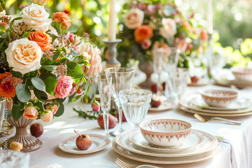 Beautiful table setting with crockery and flowers for a party, wedding reception or other festive event Beautiful table setting with crockery and flowers for a party, wedding reception or other festive event