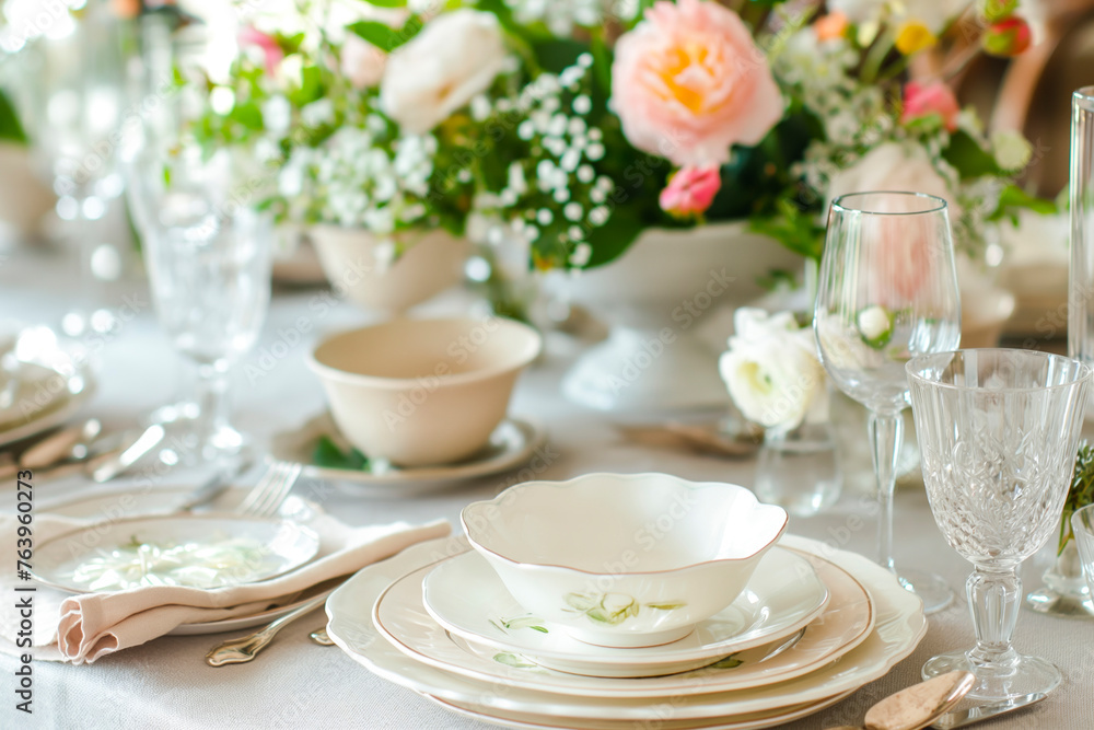 Beautiful table setting with crockery and flowers for a party, wedding reception or other festive event Beautiful table setting with crockery and flowers for a party, wedding reception or other festive event