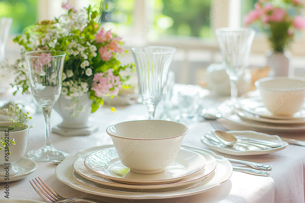 Beautiful table setting with crockery and flowers for a party, wedding reception or other festive event Beautiful table setting with crockery and flowers for a party, wedding reception or other festive event
