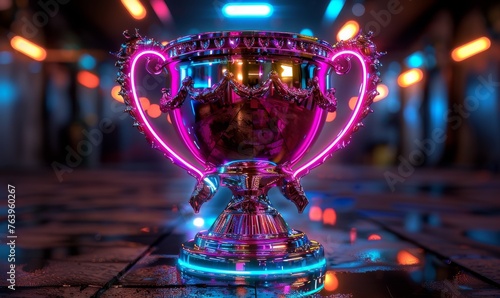 Metallic Glory Craft a 3D game asset of a futuristic trophy featuring gleaming metallic surfaces intricate neon details and a holographic cyan and magenta glow on a black background in photo