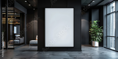 White blank poster mockup in the entrance of a modern building   for advertising  mockup presentations  announcements  promotions  and digital marketing.