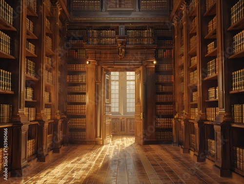 Wealth Wisdom an ancient library filled with books on prosperity and financial intelligence illuminated by soft light