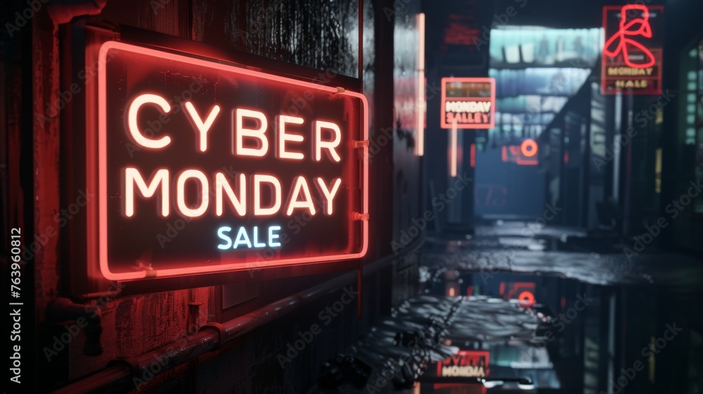 Neon Cyber Monday Sale text, set against a dark background. Modern 3D banner template design with neon bright lights