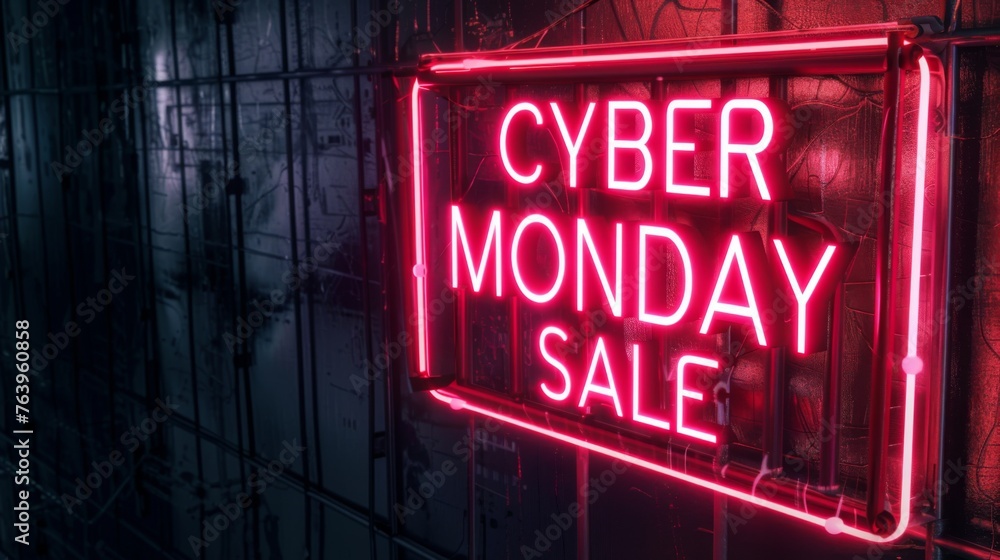Neon Cyber Monday Sale text, set against a dark metal background. Modern 3D banner template design with neon bright lights