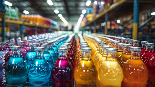 Colorful beverage bottles on a supermarket shelf.