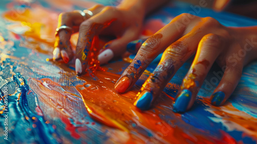 Close-up of hands painting with colorful paint. photo