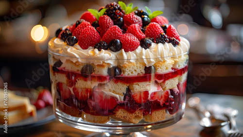 A trifle dessert with berries and cream in a bowl photo