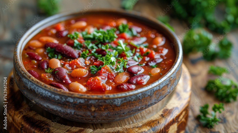 Bowl of bean soup on wooden table Bowl of bean soup on wooden table