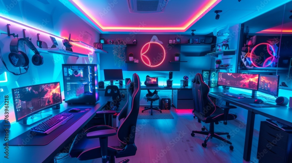 eSports room with neon lighting, showcasing a professional setup with high-end gaming equipment