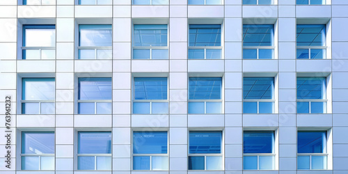 A closeup of exterior wall texture, showcasing rectangular windows on an office building on blue sky background,Steel Geometric square block Wall in Modern Architecture