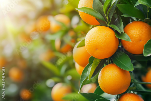 Bunch of fresh ripe oranges hanging on a tree in orange garden.